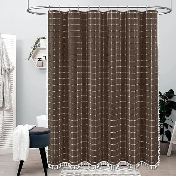 Boho Brown & Tan Linen Blend Fabric Tassel Shower Curtain 54x78" With 10 Hooks - Picture 1 of 11